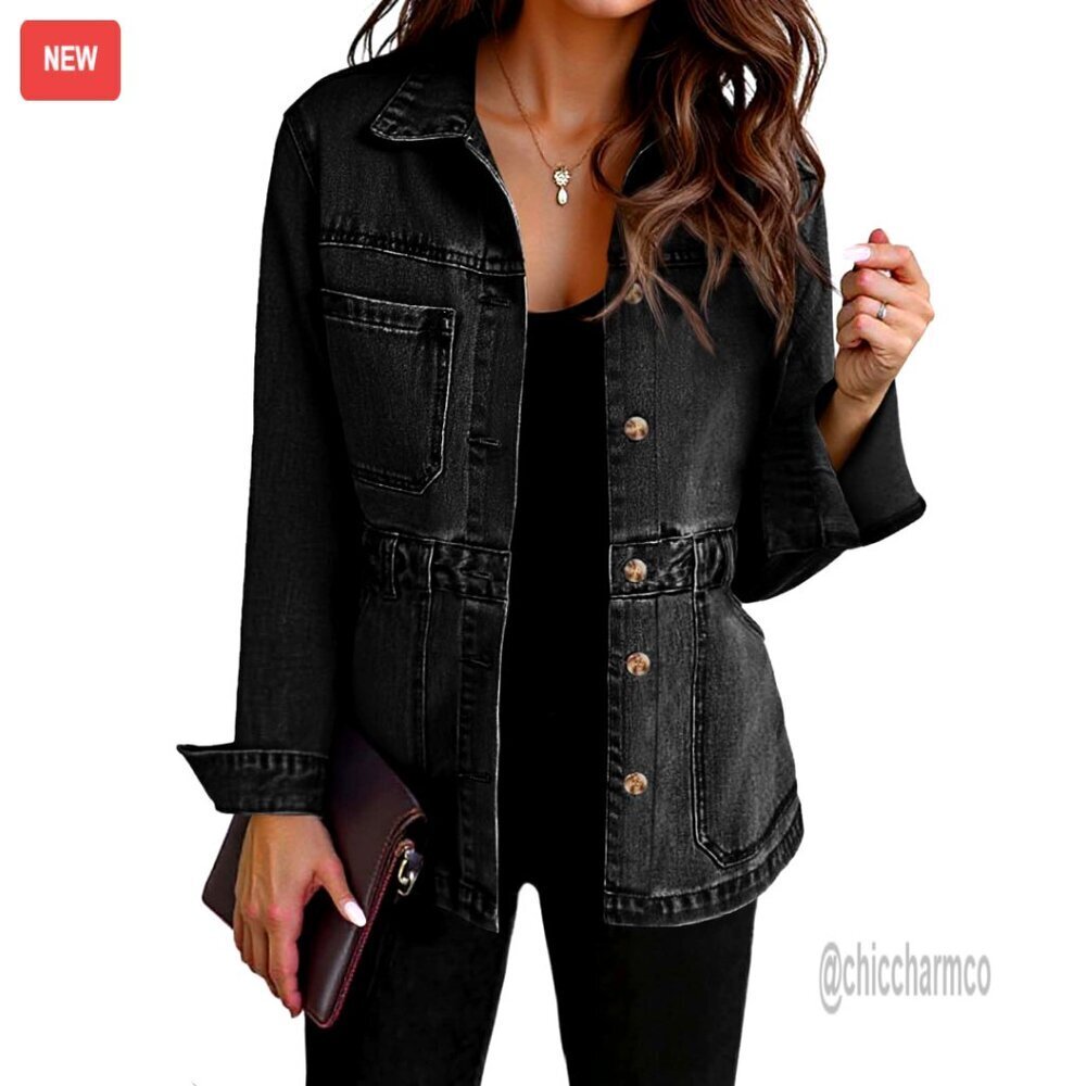 Oversized Distressed Denim Jacket Shacket with Pockets Recycled Material